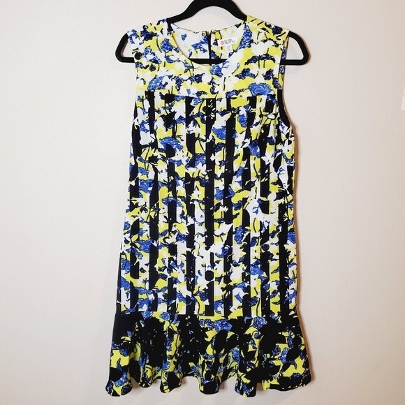 Peter Pilotto Target Yellow Blue white black striped Flower drop waist dress - Picture 2 of 7